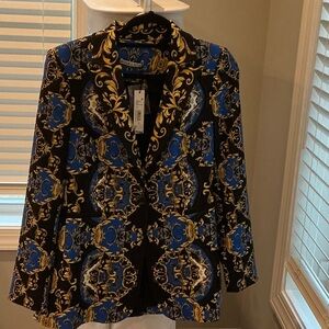 Alice + Olivia Black and Blue Baroque Patterned Blazer